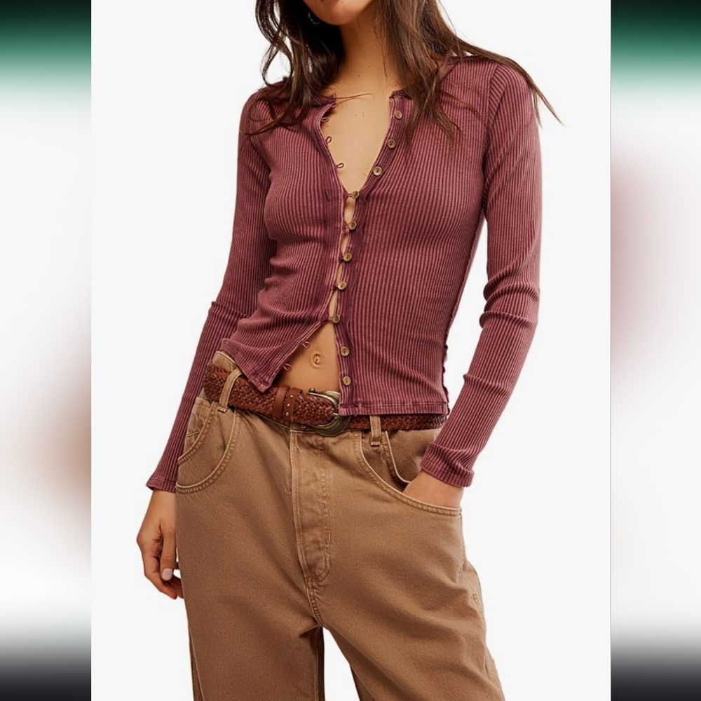 New Free People We The Free Ribbed Slim Cardigan Button Front Minimalist Y2K 90s - Picture 6 of 12